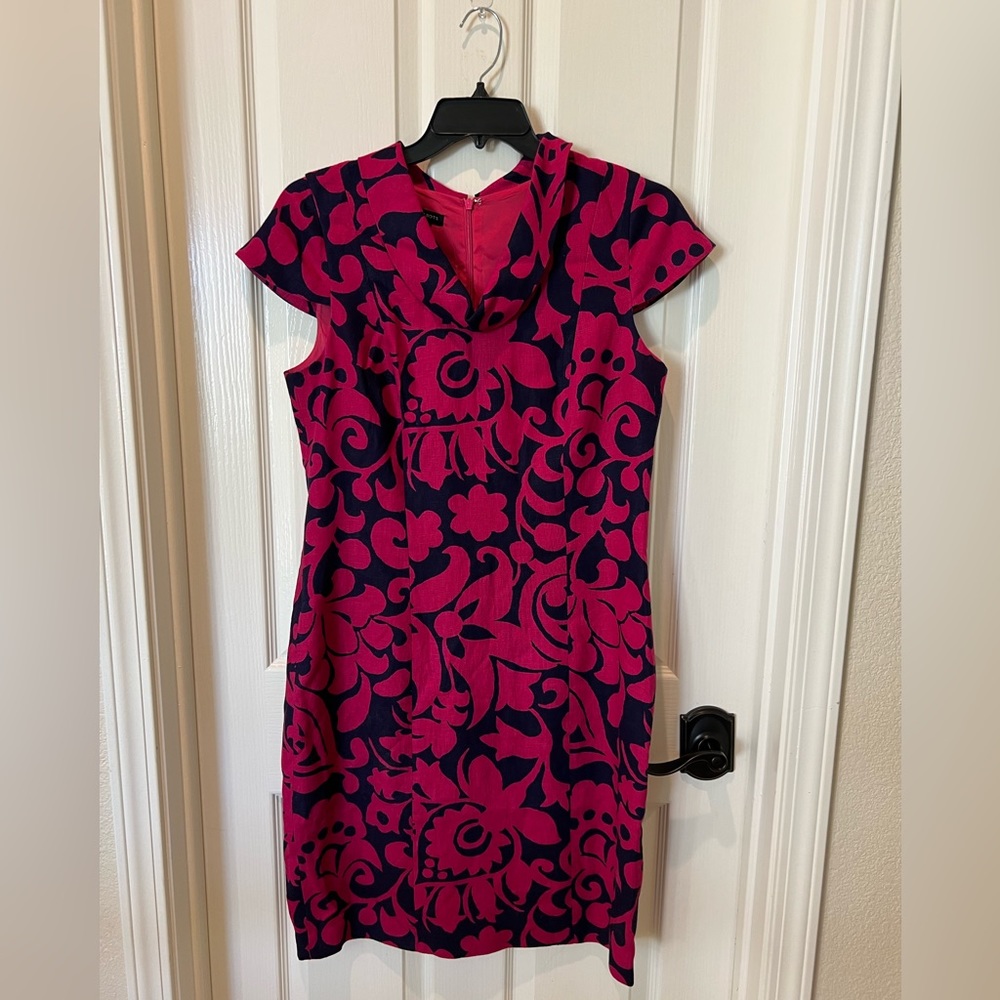 Talbots magenta and navy pattern ,linen midi dress size 14